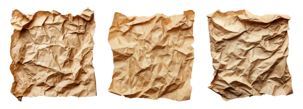 Crumpled Brown Paper Textures Isolated on Transparent Background for Design Use