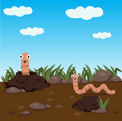 Two cartoon earthworms in a garden setting with grass, rocks, and soil under a bright blue sky with...