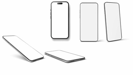 five smartphones with blank screens, displayed from various angles including front, side, and tilted views, highlighting their sleek design.