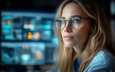 Focused woman programmer looking at computer screen.