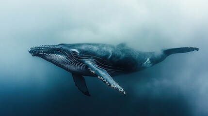Fototapeta premium Humpback whale swimming underwater, ocean wildlife.