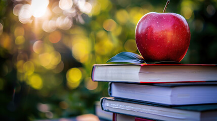 Back-to-school image with fresh apple on stacked books outdoor nature setting symbolic learning education inspiration ads
