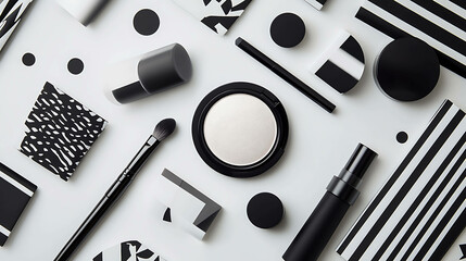 Artistic flat-lay of monochrome makeup products with pops of color