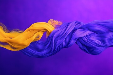 Bright purple paint streams intertwining with yellow, forming abstract ribbons in motion.