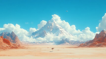 Naklejka premium Lone tree in desert, majestic snow-capped mountain background.