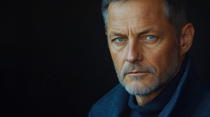 Fototapeta premium Mature man portrait, serious gaze, dark background, studio shot, profile image
