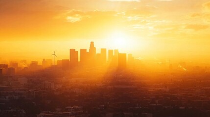 Fototapeta premium Sunset Over City Skyline with Visible Pollution and Wind Turbines