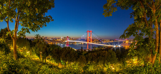 Istanbul panoramic sunset from most famous and touristic destination Nation Park in Nakkastepe. 15th July Martyrs Bridge (15 Temmuz Sehitler Koprusu). Istanbul Bosphorus Bridge. Fisheye view panorama 
