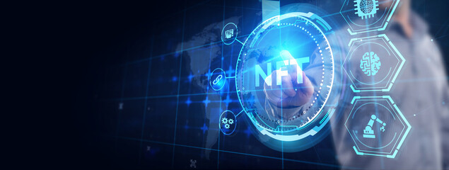 NFT Non-fungible token digital crypto on virtual screen.