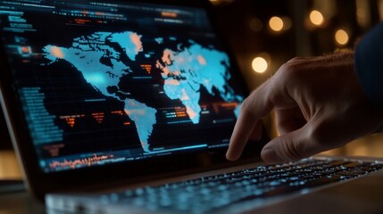 Close-Up of Laptop Screen Displaying International Data Map