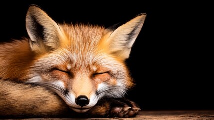 Fototapeta premium Red Fox Sleeping Peacefully on Wood, Dark Background