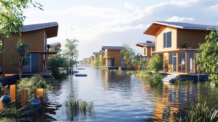 Obraz premium Coastal Village with Reinforced Buildings Designed for Flood Resilience