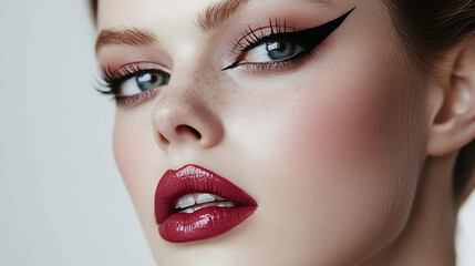 Fototapeta premium Portrait of a woman with dramatic winged eyeliner and glossy lips