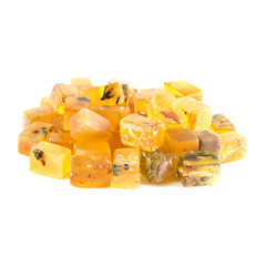 A pile of yellow cubes on a white background