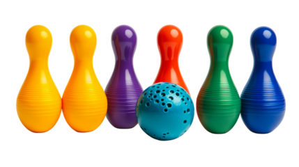 Colorful bowling pins and a ball arranged for a fun game in a bright setting isolated on transparent background