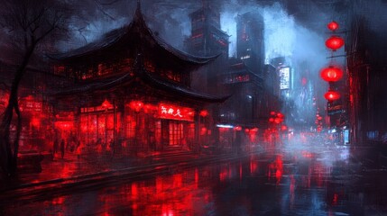 Obraz premium Red Lantern Night Cyberpunk Asian Cityscape Rain
