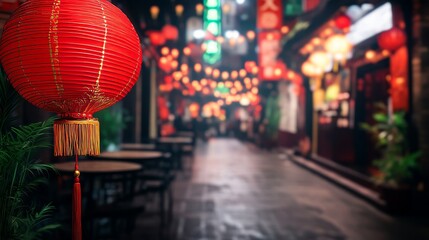 Obraz premium Red Lantern Night Market Festive Asian Street Scene