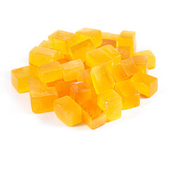 A pile of yellow cubes on a white background