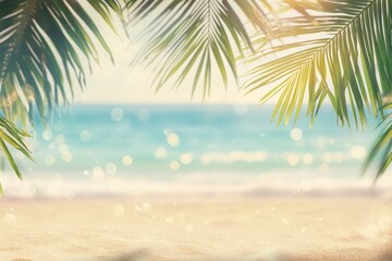 Fototapeta premium Blur beautiful nature green palm leaf on tropical beach with bokeh sun light wave abstract background. Vintage tone color style. --ar 3:2 --v 6.1 Job ID: 6030241a-9425-4490-b035-99bf1d7f0c61