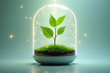 Plant inside transparent energy capsule representing renewable energy and sustainability concept