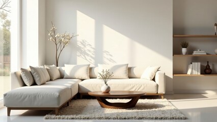 Serene Minimalist Living Room with Sunlight Streaming Through Large Window and Neutral Decor