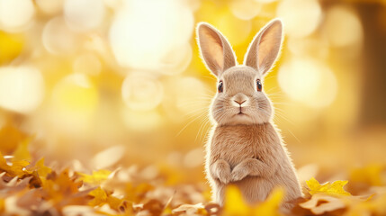 Fototapeta premium Adorable Autumn Bunny: A charming bunny rabbit sits amidst a bed of vibrant autumn leaves, bathed in the warm golden light of a beautiful autumn day.