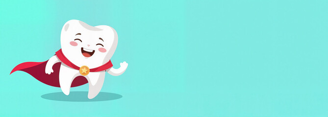 Superhero tooth character smiling against a teal background