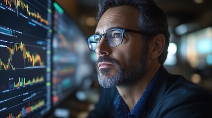 Focused businessman analyzing financial data on large monitor.