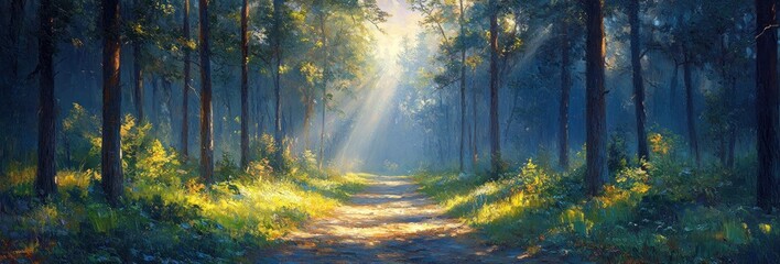 Obraz premium Morning Light Through Old Oak Tree Foliage in Serene Forest Landscape