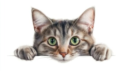 Obraz premium Close-up portrait of a curious cat peeking over a surface, showcasing its vibrant green eyes and soft fur