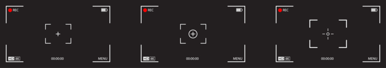 Video camera viewfinders. Recording view frame, cinema rec viewing screen and dslr cam viewfinder. Video filming screen, shooting camera recording. Camera Viewfinder Screen Overlay.