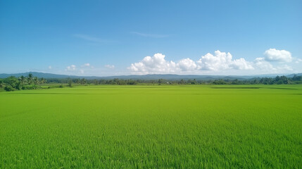 Obraz premium Serene Rice Paddy Landscape: Vast expanse of vibrant green rice paddy stretches to the horizon under a clear blue sky dotted with fluffy white clouds.