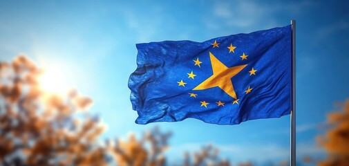 Vibrant Kosovo Flag Waving in the Wind Against a Clear Blue Sky