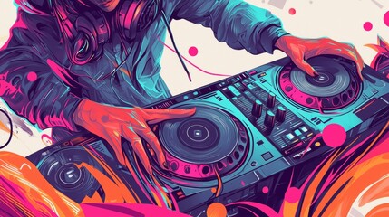 Obraz premium Vibrant DJ performing at an energetic party with colorful visuals and dynamic atmosphere