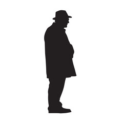 Silhouette of a Grandpa Standing in a Hat and Jacket Side View - Vector Illustration