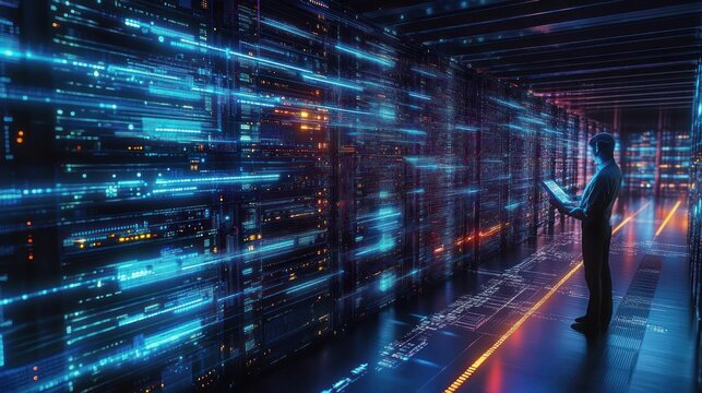 Futuristic Data Center with Female Technician Analyzing Data Amidst Servers in Cyberpunk Style