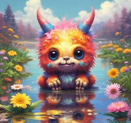 Fototapeta premium Illustration of fluffy and cute small monster.