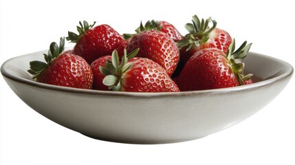 A bowl of ripe, succulent strawberries with vibrant red hues, Each strawberry's natural shine and sweetness captured in exquisite detail