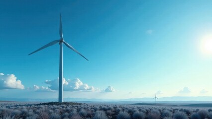 Serene landscape with tall wind turbines capturing clean energy under a vast, clear sky