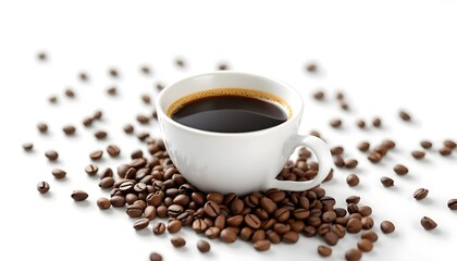 Aromatic coffee cup surrounded by roasted beans