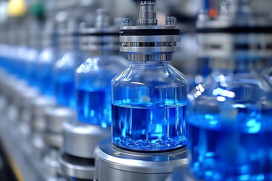 Automated blue liquid filling production line.