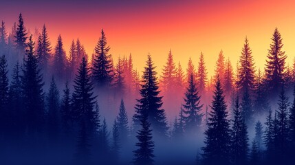 Obraz premium Sunrise over misty pine forest nature landscape photography serene atmosphere vibrant colors tranquil view