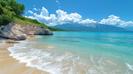 Fototapeta premium Serene Coastal Scene With Mountainous Backdrop