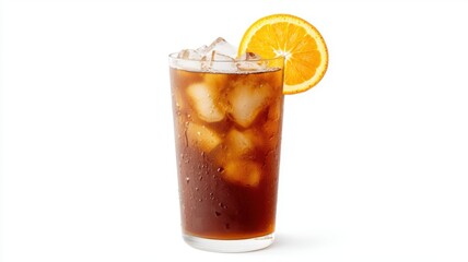 A refreshing iced tea drink with ice cubes and a slice of orange, served in a tall glass, perfect for hot days.