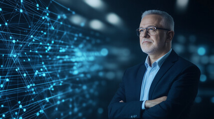 Experienced Businessman and Futuristic Network: A pensive senior businessman with arms crossed, contemplates a complex, glowing digital network in the background, symbolizing innovation, technology.
