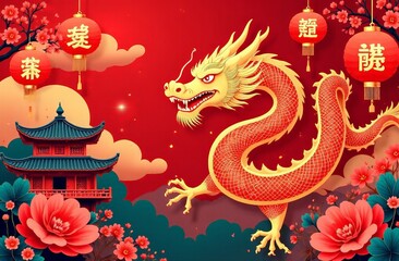 Obraz premium On a red background, the symbol of the Chinese New Year is a dragon. Traditional illustration with a full moon, sakura flowers, airy clouds, a temple, red lanterns. Vertical holiday concept