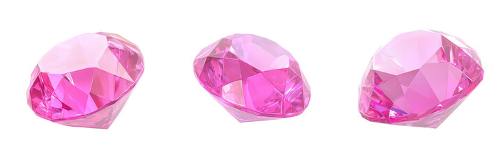 Fototapeta premium Set of A close-up shot of a sparkling pink diamond resting on a smooth, soft pink fabric, with light reflections glimmering off its facets on transparent png background
