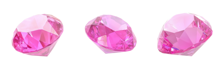 Set of A close-up shot of a sparkling pink diamond resting on a smooth, soft pink fabric, with light reflections glimmering off its facets on transparent png background