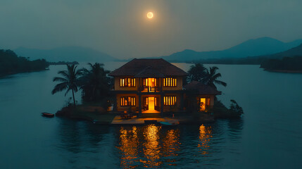 Lake House Moonlit Night Scene, Calm Waters