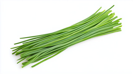 Fresh Chives: A bunch of fresh green chives, a popular culinary herb, arranged on a clean, minimalist backdrop, perfect for showcasing its vibrant color and delicate flavor.